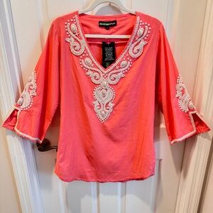 Woman's Tunic, Peach, Beaded, Applique, Size XL